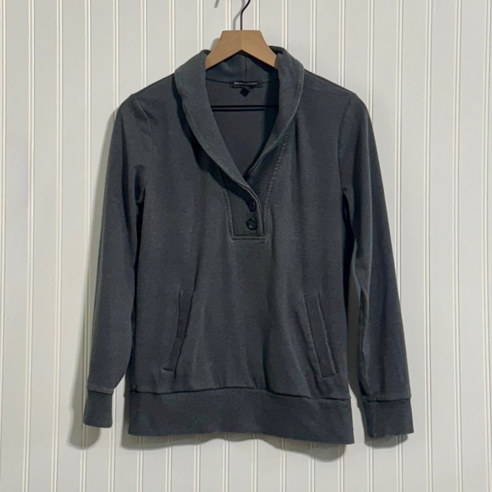 Banana Republic Medium Gray Cotton Blend Shawl Collar Pullover Quiet Luxury